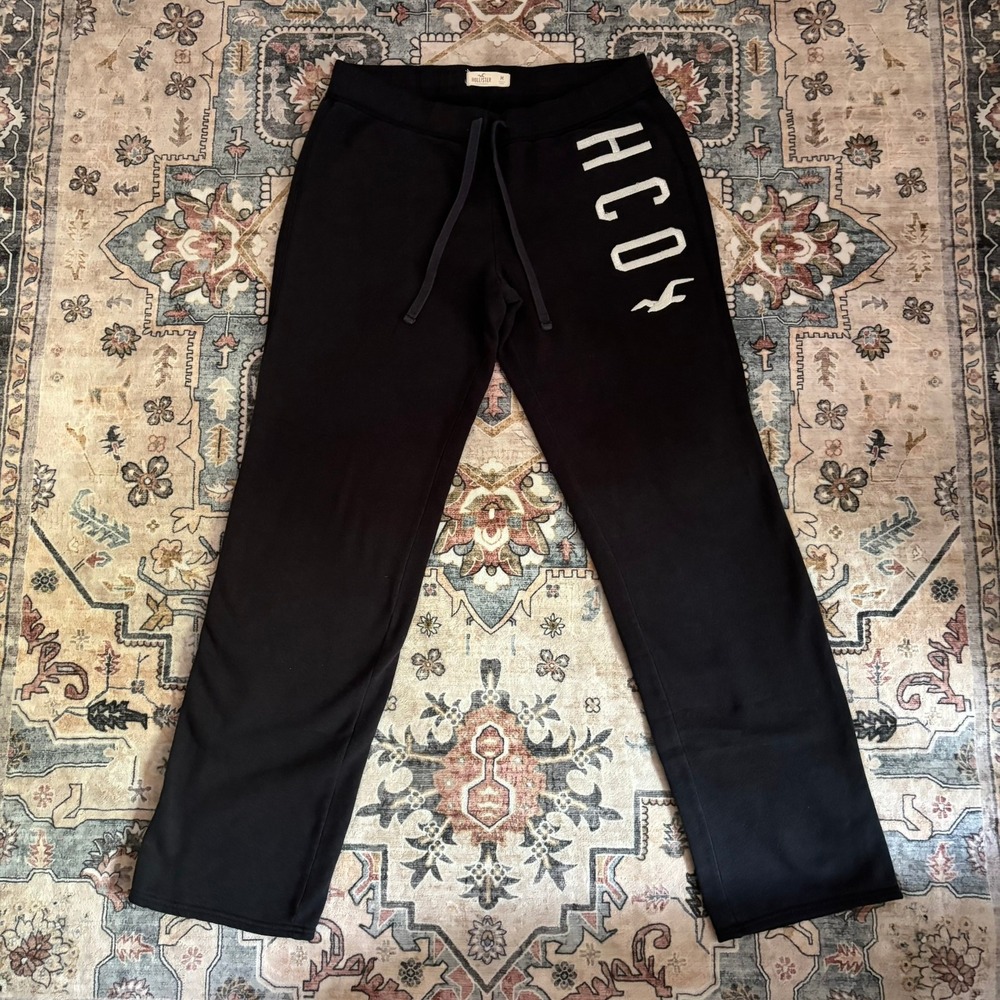 Y2K Hollister HCO Wide Leg Flare Logo Graphic Sweatpants Black Medium Embroidery